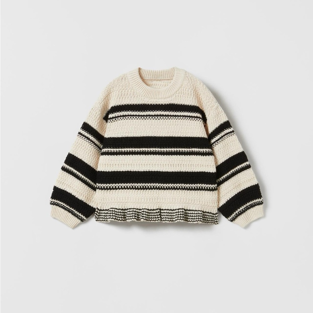 Zara Black and Cream Striped Ruffled Knit Sweater